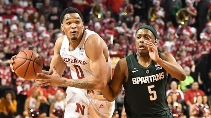 LINCOLN, NE – JANUARY 17: James Palmer Jr. #0 of the Nebraska Cornhuskers drives against Cassius Winston #5 of the Michigan State Spartans at Pinnacle Bank Arena on January 17, 2019 in Lincoln, Nebraska. (Photo by Steven Branscombe/Getty Images)