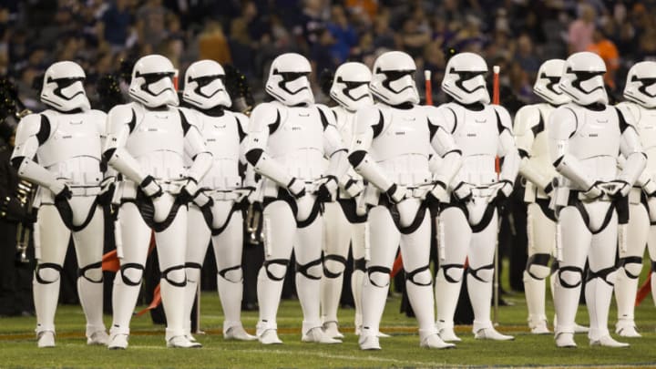 CHICAGO, IL - OCTOBER 09: Storm troopers take the field during a special halftime showing of the new Star Wars movie Star Wars: The Last Jedi at Soldier Field during the game between the Chicago Bears and the Minnesota Vikings on October 9, 2017 in Chicago, Illinois. (Photo by Kena Krutsinger/Getty Images)