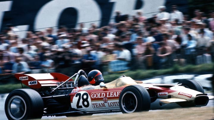 Emerson Fittipaldi of Brazil drives the #28 Gold Leaf Team Lotus Lotus 49C Ford V8 during the British Grand Prix 18th July 1970 at the Brands Hatch Circuit, Longfield, United Kingdom. (Photo by Grand Prix Photo/Getty Images)