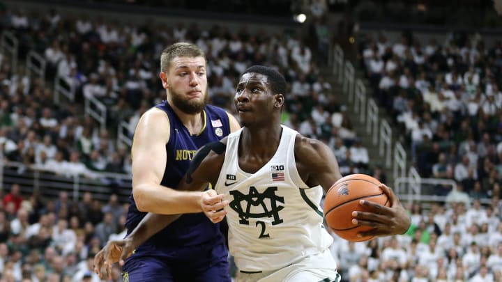 EAST LANSING, MI – NOVEMBER 30: Jaren Jackson Jr. #2 of the Michigan State Spartans drives to the basket against Elijah Burns #12 of the Notre Dame Fighting Irish at Breslin Center on November 30, 2017 in East Lansing, Michigan. (Photo by Rey Del Rio/Getty Images)