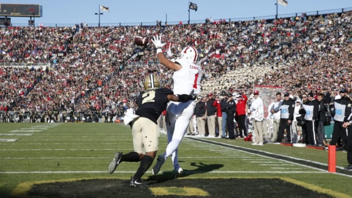 WEST LAFAYETTE, IN - NOVEMBER 25: Simmie Cobbs Jr. #1 of the Indiana Hoosiers makes a one-yard touchdown catch over Da'Wan Hunte #2 of the Purdue Boilermakers in the first quarter of a game at Ross-Ade Stadium on November 25, 2017 in West Lafayette, Indiana. (Photo by Joe Robbins/Getty Images)