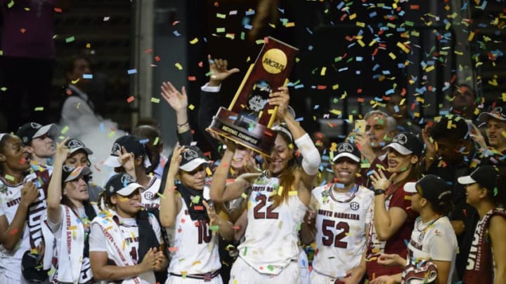 DALLAS, TX – APRIL 2: South Carolina celebrates on stage following their victory over Mississippi State during the 2017 Women’s Final Four at American Airlines Center on April 2, 2017 in Dallas, Texas. (Photo by Evert Nelson/NCAA Photos via Getty Images)