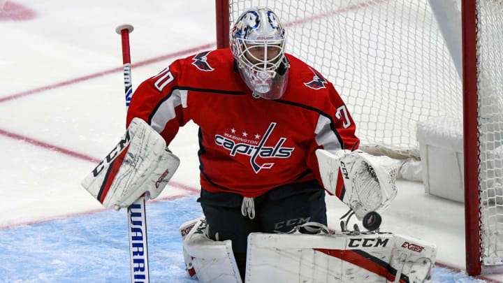 WASHINGTON, DC – OCTOBER 18: Washington Capitals goaltender Braden Holtby (70) makes a third period save against the New York Rangers on October 18, 2019, at the Capital One Arena in Washington, D.C. (Photo by Mark Goldman/Icon Sportswire via Getty Images)