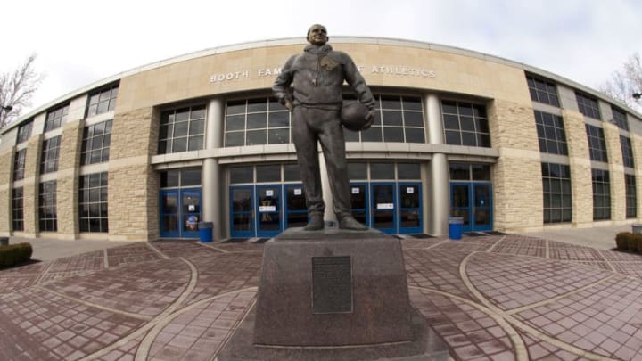 LAWRENCE, KS - FEBRUARY 02: A view of the Forrest Clare 'Phog' Allen statue outside Allen Fieldhouse prior to a game between the Oklahoma State Cowboys and the Kansas Jayhawks on February 2, 2013 in Lawrence, Kansas. The Cowboys defeated the Jayhawks 85-80. (Photo by Denny Medley/Replay Photos via Getty Images)