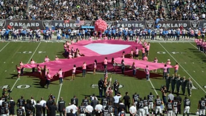 Oct 12, 2014; Oakland, CA, USA; General view of the O.co Coliseum with the pink breast cancer awareness logo on the field before the NFL game between the San Diego Chargers and the Oakland Raiders. Mandatory Credit: Kirby Lee-USA TODAY Sports