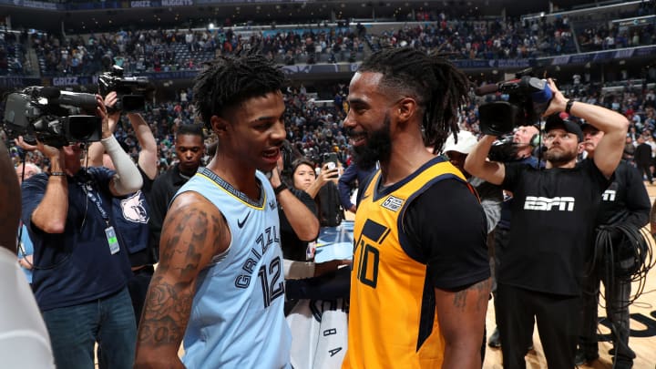MEMPHIS, TN – NOVEMBER 15: Mike Conley #10 of the Utah Jazz talks with Ja Morant #12 of the Memphis Grizzlies after the game on November 15, 2019 at FedExForum in Memphis, Tennessee. NOTE TO USER: User expressly acknowledges and agrees that, by downloading and or using this photograph, User is consenting to the terms and conditions of the Getty Images License Agreement. Mandatory Copyright Notice: Copyright 2019 NBAE (Photo by Joe Murphy/NBAE via Getty Images)