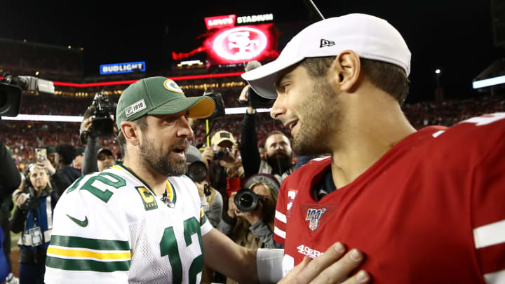 SANTA CLARA, CALIFORNIA – NOVEMBER 24: Aaron Rodgers #12 of the Green Bay Packers shakes hands with Jimmy Garoppolo #10 of the San Francisco 49ers after their game at Levi’s Stadium on November 24, 2019 in Santa Clara, California. (Photo by Ezra Shaw/Getty Images)