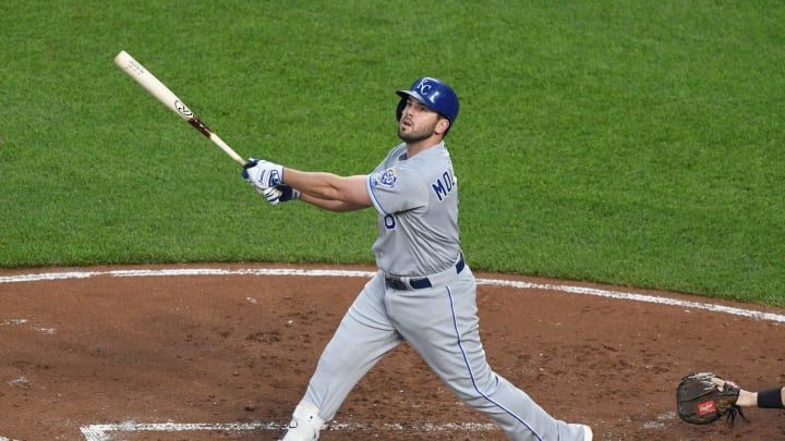 BALTIMORE, MD – MAY 09: Mike Moustakas #8 of the Kansas City Royals takes a swing during a baseball game against the Baltimore Orioles at Oriole Park at Camden Yards on May 9, 2018 in Baltimore, Maryland. The Orioles won 5-3. (Photo by Mitchell Layton/Getty Images) *** Local Caption *** Mike Moustakas