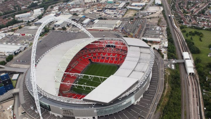 LONDON, ENGLAND - JULY 26: Aerial view of Wembley Stadium which will host football events during the London 2012 Olympic Games on July 26, 2011 in London, England. (Photo by Tom Shaw/Getty Images)