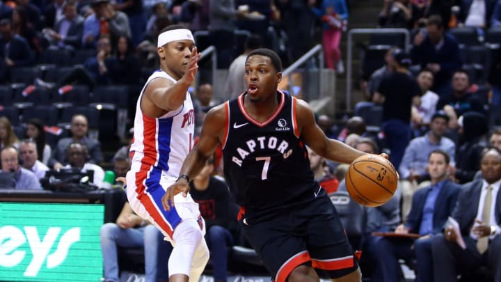 TORONTO, ON – OCTOBER 30: Kyle Lowry #7 of the Toronto Raptors dribbles the ball as Tim Frazier #12 of the Detroit Pistons defends during the second half of an NBA game at Scotiabank Arena on October 30, 2019 in Toronto, Canada. NOTE TO USER: User expressly acknowledges and agrees that, by downloading and or using this photograph, User is consenting to the terms and conditions of the Getty Images License Agreement. (Photo by Vaughn Ridley/Getty Images)