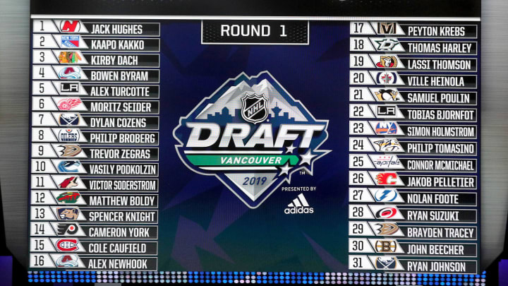 A detailed view of the Top 31 draft picks on the video board after the first round of the 2019 NHL Draft at Rogers Arena on June 21, 2019 in Vancouver, Canada.