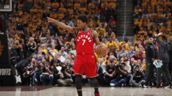 CLEVELAND, OH – MAY 7: Kyle Lowry #7 of the Toronto Raptors handles the ball against the Cleveland Cavaliers during Game Four of the Eastern Conference Semifinals of the 2018 NBA Playoffs on May 7, 2018 at Quicken Loans Arena in Cleveland, Ohio. NOTE TO USER: User expressly acknowledges and agrees that, by downloading and/or using this Photograph, user is consenting to the terms and conditions of the Getty Images License Agreement. Mandatory Copyright Notice: Copyright 2018 NBAE (Photo by Jeff Haynes/NBAE via Getty Images)