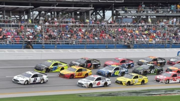 May 1, 2016; Talladega, AL, USA; NASCAR Sprint Cup Series driver Brad Keselowski (2) leads the field during the GEICO 500 at Talladega Superspeedway. Mandatory Credit: Jasen Vinlove-USA TODAY Sports