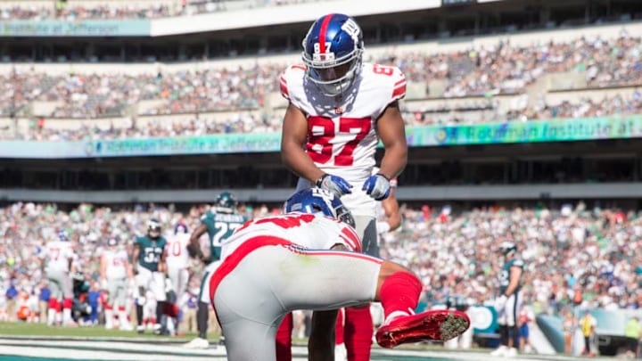 PHILADELPHIA, PA - SEPTEMBER 24: Odell Beckham No. 13 of the New York Giants celebrates with Sterling Shepard No. 87 after scoring a touchdown in the fourth quarter against the Philadelphia Eagles at Lincoln Financial Field on September 24, 2017 in Philadelphia, Pennsylvania. The Eagles defeated the Giants 27-24. (Photo by Mitchell Leff/Getty Images)