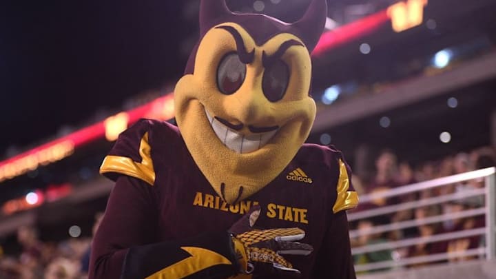 Sep 24, 2016; Tempe, AZ, USA; Arizona State Sun Devils mascot Sparky looks on against the California Golden Bears at Sun Devil Stadium. The Sun Devils won 51-41. Mandatory Credit: Joe Camporeale-USA TODAY Sports
