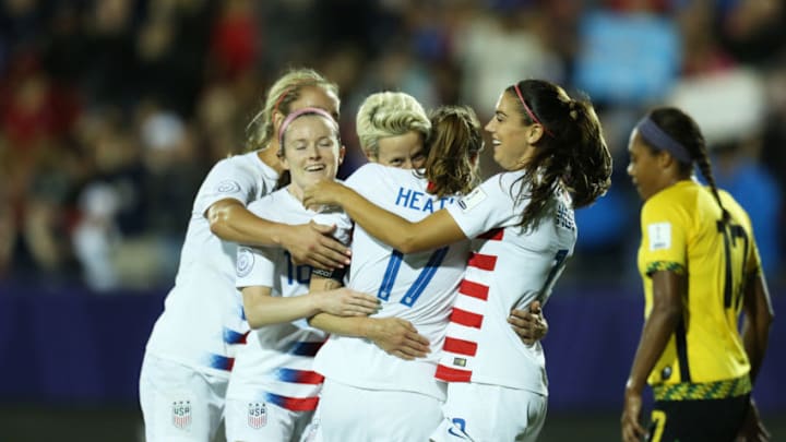 FRISCO, TX - OCTOBER 14: Megan Rapinoe of USA celebrates with teammates after scoring a goal during the semifinal match between Jamaica and United States as part of CONCACAF Women's Championship at Toyota Stadium on October 14, 2018 in Frisco, Texas. (Photo by Omar Vega/Getty Images)