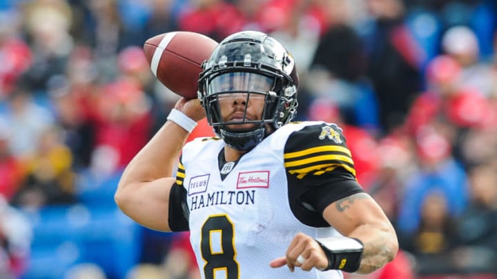 CALGARY, AB - JUNE 16: Jeremiah Masoli #8 of the Hamilton Tiger-Cats makes a pass against the Calgary Stampeders during a CFL game at McMahon Stadium on June 16, 2018 in Calgary, Alberta, Canada. (Photo by Derek Leung/Getty Images)