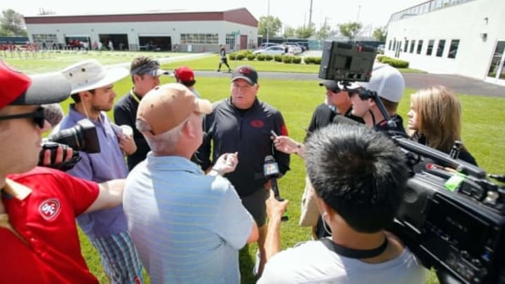 Jun 8, 2016; Santa Clara, CA, USA; San Francisco 49ers head coach Chip Kelly speaks to the media during minicamp at the San Francisco 49ers Practice Facility. Mandatory Credit: Kelley L Cox-USA TODAY Sports