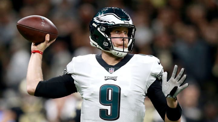 NEW ORLEANS, LOUISIANA - JANUARY 13: Nick Foles #9 of the Philadelphia Eagles attempts a pass during the first quarter against the New Orleans Saints in the NFC Divisional Playoff Game at Mercedes Benz Superdome on January 13, 2019 in New Orleans, Louisiana. (Photo by Sean Gardner/Getty Images)