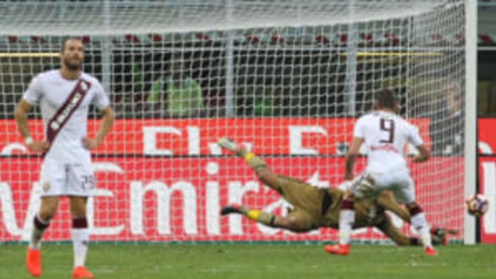 MILAN, ITALY – AUGUST 21: Gianluigi Donnarumma of AC Milan saves the penalty kick Andrea Belotti