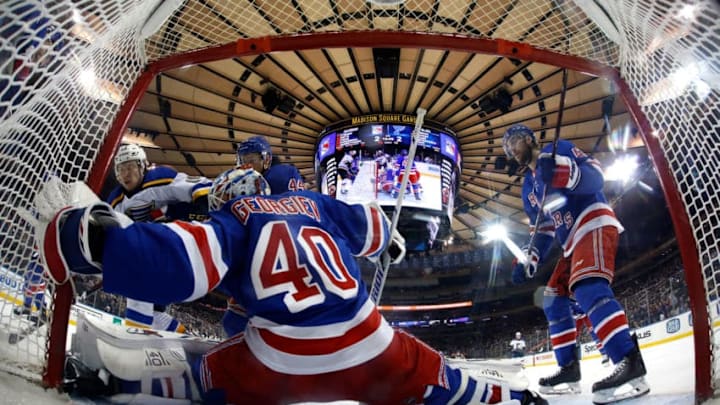 NEW YORK, NY - MARCH 29: Alexandar Georgiev #40 of the New York Rangers tends the net against the St. Louis Blues at Madison Square Garden on March 29, 2019 in New York City. (Photo by Jared Silber/NHLI via Getty Images)