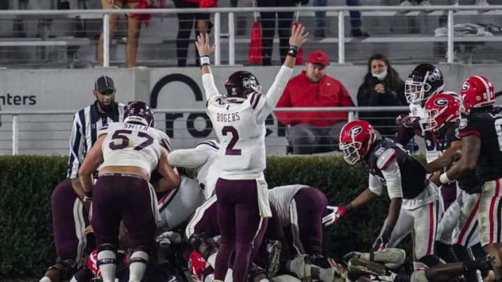 Nov 21, 2020; Athens, Georgia, USA; Mississippi State Bulldogs quarterback Will Rogers (2) reacts after a his team scores a touchdown against the Georgia Bulldogs during the second half at Sanford Stadium. Mandatory Credit: Dale Zanine-USA TODAY Sports