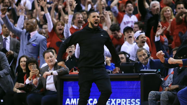 TORONTO, ON - APRIL 26: Singer Drake celebrates after Terrance Ross
