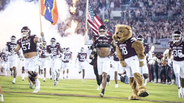 Mascot Bully of the Mississippi State Bulldogs runs out on to the field