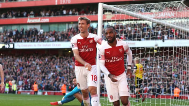 LONDON, ENGLAND – SEPTEMBER 29: Nacho Monreal of Arsenal and Alexandre Lacazette of Arsenal after the first goal during the Premier League match between Arsenal FC and Watford FC at Emirates Stadium on September 29, 2018 in London, United Kingdom. (Photo by Mark Leech/Offside/Getty Images)