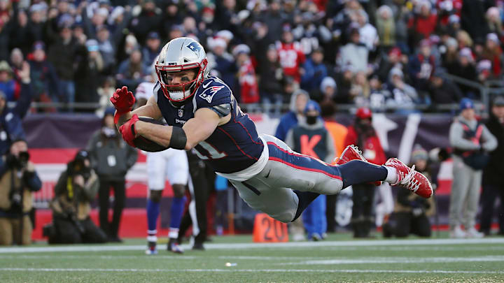 FOXBOROUGH, MA – DECEMBER 23: Julian Edelman #11 of the New England Patriots dives for the end zone to score a 32-yard receiving touchdown during the third quarter against the Buffalo Bills at Gillette Stadium on December 23, 2018 in Foxborough, Massachusetts. (Photo by Jim Rogash/Getty Images)