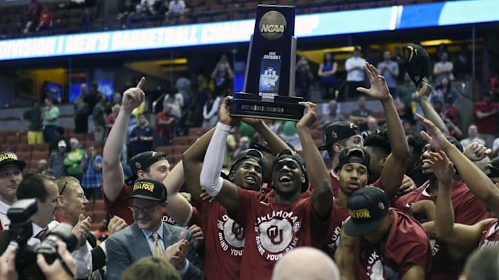 March 26, 2016; Anaheim, CA, USA; Oklahoma Sooners guard Buddy Hield (24) celebrates the 80-68 victory against Oregon Ducks to win the West regional final of the NCAA Tournament at Honda Center. Mandatory Credit: Richard Mackson-USA TODAY Sports