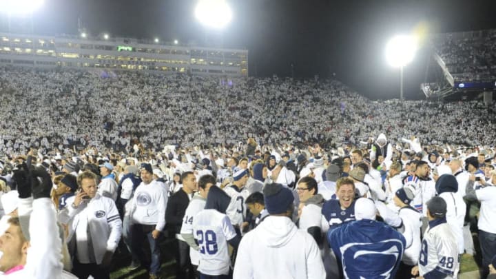 22 October 2016: Penn State students and fans celebrate on the field after The Penn State Nittany Lions upset the #2 ranked Ohio State Buckeyes 24-21 at Beaver Stadium in State College, PA. (Photo by Randy Litzinger/Icon Sportswire via Getty Images)