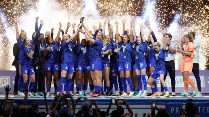 Feb 22, 2023; Frisco, Texas, USA; United States players celebrate after winning the 2023 SheBelieves Cup after defeating Brazil at Toyota Stadium. Mandatory Credit: Chris Jones-USA TODAY Sports