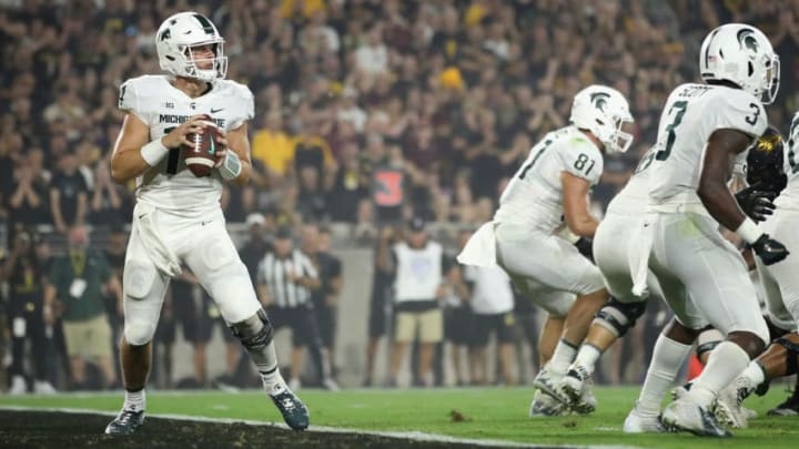 TEMPE, AZ - SEPTEMBER 08: Quarterback Brian Lewerke #14 of the Michigan State Spartans drops back to pass during the first half of the college football game against the Arizona State Sun Devils at Sun Devil Stadium on September 8, 2018 in Tempe, Arizona. The Sun Devils defeated the Spartans 16-13. (Photo by Christian Petersen/Getty Images)