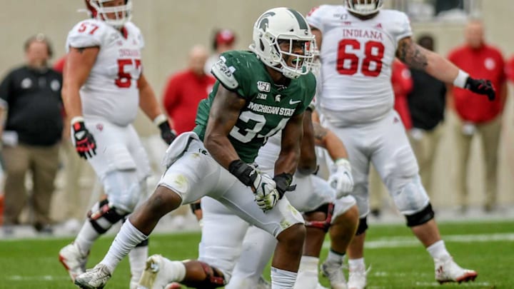 Michigan State’s Antjuan Simmons celebrates after making a stop on an Indiana fourth down during the first quarter on Saturday, Sept. 28, 2019, in East Lansing.190928 Msu Iu 119a