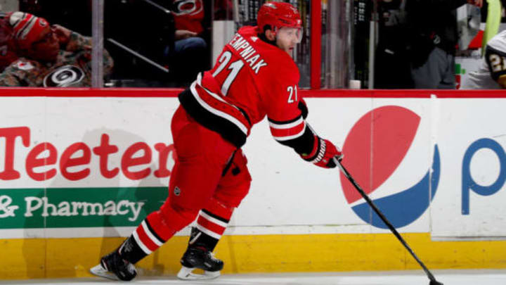 RALEIGH, NC – JANUARY 21: Lee Stempniak #21 of the Carolina Hurricanes skates with the puck along the boards during an NHL game against the Vegas Golden Knights on January 21, 2018 at PNC Arena in Raleigh, North Carolina. (Photo by Gregg Forwerck/NHLI via Getty Images)