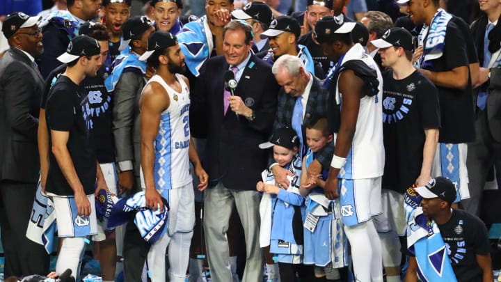 Apr 3, 2017; Phoenix, AZ, USA; North Carolina Tar Heels guard Joel Berry II (2) is interviewed by CBS announcer Jim Nantz after the win in the championship game against the Gonzaga Bulldogs of the 2017 NCAA Men’s Final Four at University of Phoenix Stadium. Mandatory Credit: Mark J. Rebilas-USA TODAY Sports