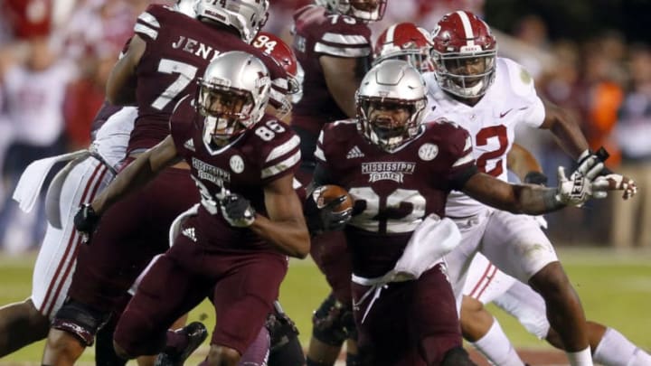 STARKVILLE, MS - NOVEMBER 11: Aeris Williams #22 of the Mississippi State Bulldogs carries the ball during the first half of an NCAA football game against the Alabama Crimson Tide at Davis Wade Stadium on November 11, 2017 in Starkville, Mississippi. (Photo by Butch Dill/Getty Images)