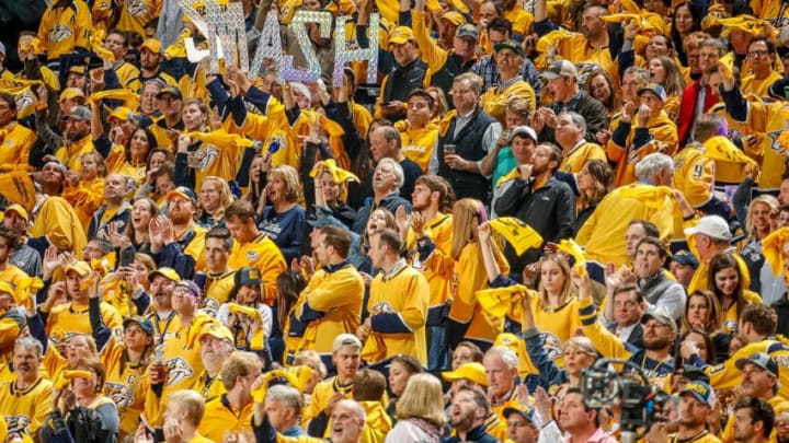 NASHVILLE, TN - MAY 5: Nashville Predators fans give a standing ovation near the end of the first period against the Winnipeg Jets in Game Five of the Western Conference Second Round during the 2018 NHL Stanley Cup Playoffs at Bridgestone Arena on May 5, 2018 in Nashville, Tennessee. (Photo by John Russell/NHLI via Getty Images)