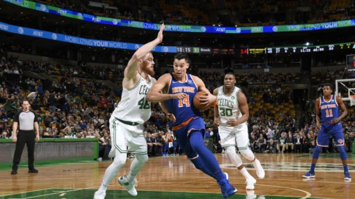 BOSTON, MA - JANUARY 31: Willy Hernangomez #14 of the New York Knicks handles the ball against the Boston Celtics on January 31, 2018 at the TD Garden in Boston, Massachusetts. NOTE TO USER: User expressly acknowledges and agrees that, by downloading and or using this photograph, User is consenting to the terms and conditions of the Getty Images License Agreement. Mandatory Copyright Notice: Copyright 2018 NBAE (Photo by Brian Babineau/NBAE via Getty Images)