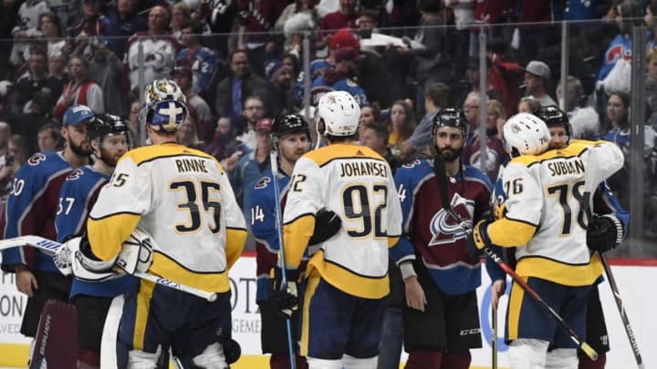 DENVER, CO - APRIL 22: Nashville Predators defenseman P.K. Subban, right, #76 and Colorado Avalanche left wing Gabriel Landeskog #92 hug it out at the end game 6 of round one of the Stanley Cup Playoffs after the Predators won 5-0 at the Pepsi Center April 22, 2018. The Predators won the series 4-2. (Photo by Andy Cross/The Denver Post via Getty Images)