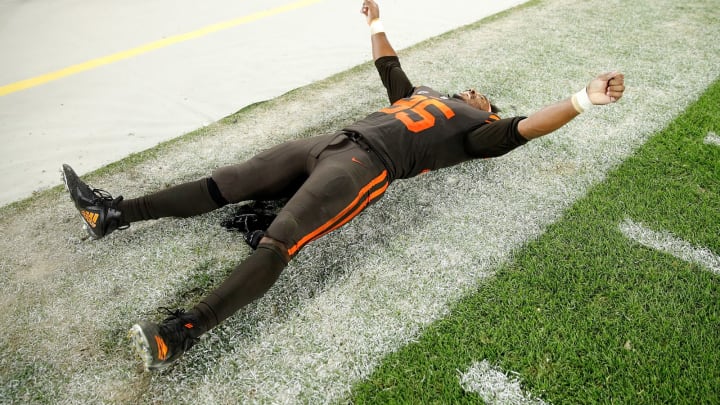 CLEVELAND, OH – SEPTEMBER 20: Myles Garrett #95 of the Cleveland Browns celebrates after a 21-17 win over the New York Jets at FirstEnergy Stadium on September 20, 2018 in Cleveland, Ohio. (Photo by Joe Robbins/Getty Images)