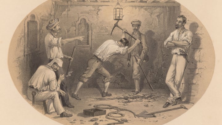 British soldiers dig a hole in order to ambush rebels attempting to tunnel their way into the Residency, during the Siege of Lucknow, part of the Indian Rebellion of 1857. A lithograph by E. Walker after a drawing by Lieutenant Clifford Henry Mecham. An illustration from ‘Sketches and Incidents of the Siege of Lucknow from Drawings made during the Siege by Clifford Henry Mecham, Lieutenant Madras Army’. (Photo by Hulton Archive/Getty Images)