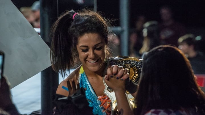 Bayley greets the fans after her match. Sasha Banks and Bayley defend their tag team championship against the Riott Squad. WWE Live Road to Wrestlemania came to Garrett Coliseum in Montgomery on Sunday, Feb. 24, 2019.Ww19