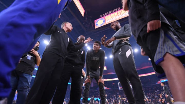 SAN FRANCISCO, CA - JANUARY 8: Giannis Antetokounmpo #34 of the Milwaukee Bucks and Khris Middleton #22 of the Milwaukee Bucks talk to the referees prior to a game against the Golden State Warriors on January 8, 2020 at Chase Center in San Francisco, California. NOTE TO USER: User expressly acknowledges and agrees that, by downloading and or using this photograph, user is consenting to the terms and conditions of Getty Images License Agreement. Mandatory Copyright Notice: Copyright 2020 NBAE (Photo by Noah Graham/NBAE via Getty Images)
