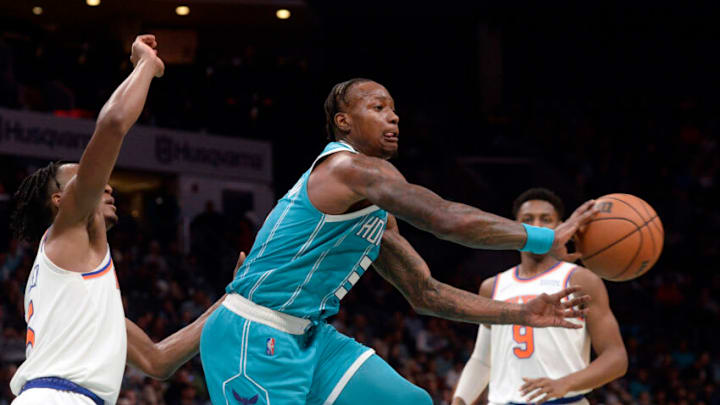 Mar 23, 2022; Charlotte, North Carolina, USA; Charlotte Hornets guard Terry Rozier (3) passes during the second half against the New York Knicks at the Spectrum Center. Mandatory Credit: Sam Sharpe-USA TODAY Sports