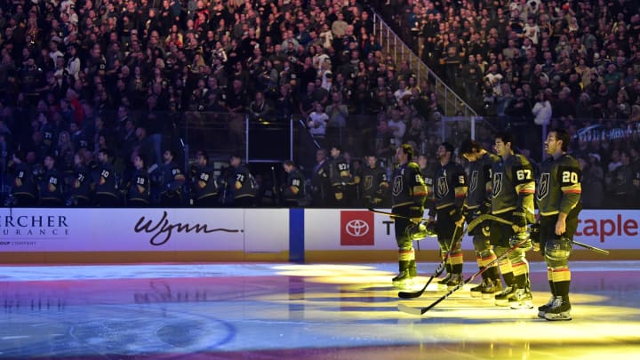 LAS VEGAS, NEVADA – JANUARY 04: Vegas Golden Knights players stand at attention during the national anthem prior to a game against the St. Louis Blues at T-Mobile Arena on January 04, 2020 in Las Vegas, Nevada. (Photo by Jeff Bottari/NHLI via Getty Images)