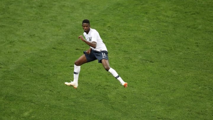 TOPSHOT - France's foward Ousmane Dembele celebrates after scoring a goal during the friendly football match between France and Italy at the Allianz Riviera Stadium in Nice, southeastern France, on June 1, 2018. (Photo by VALERY HACHE / AFP) (Photo credit should read VALERY HACHE/AFP/Getty Images)