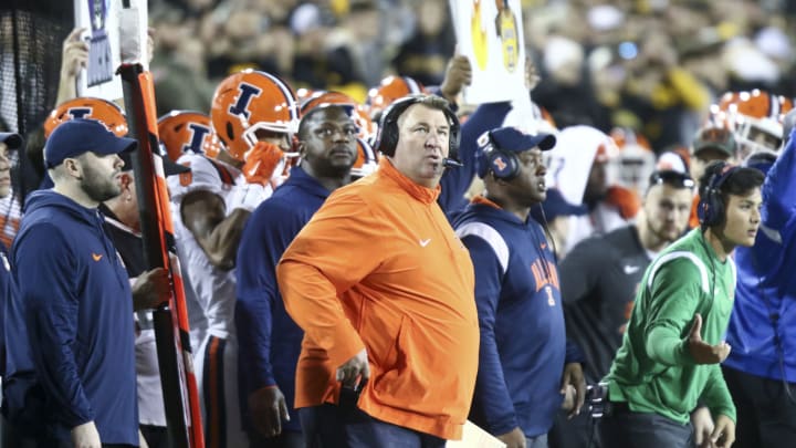 IOWA CITY, IOWA- NOVEMBER 18: Head coach Bret Bielema of the Illinois Fighting Illini during the second half against the Iowa Hawkeyes at Kinnick Stadium on November 18, 2023 in Iowa City, Iowa. (Photo by Matthew Holst/Getty Images)