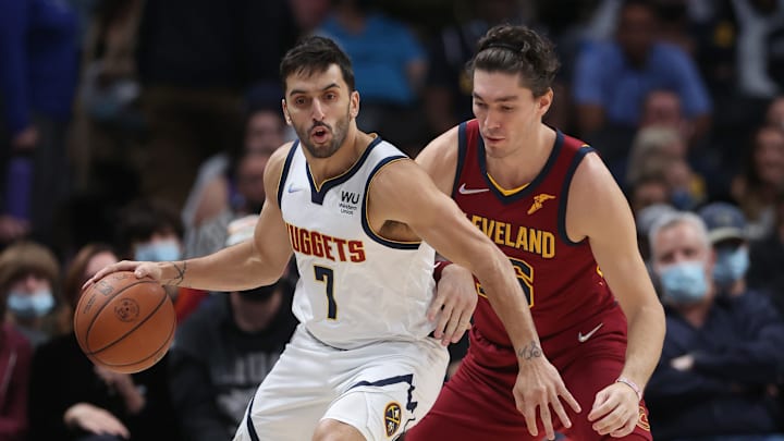 Facundo Campazzo #7 of the Denver Nuggets is guarded by Cedi Osman #16 of the Cleveland Cavaliers at Ball Arena on October 25, 2021 in Denver, Colorado on 25 Oct. 2021. (Photo by Matthew Stockman/Getty Images)